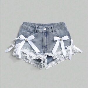 Dollhouse Blue Jean Shorts with White Lace and Bow Accents